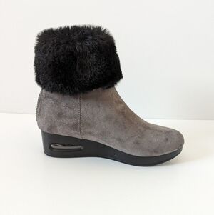 DKNY Women's Faux Fur-Trimmed Suede Wedge Ankle Boots, Charcoal - Size 5.5
